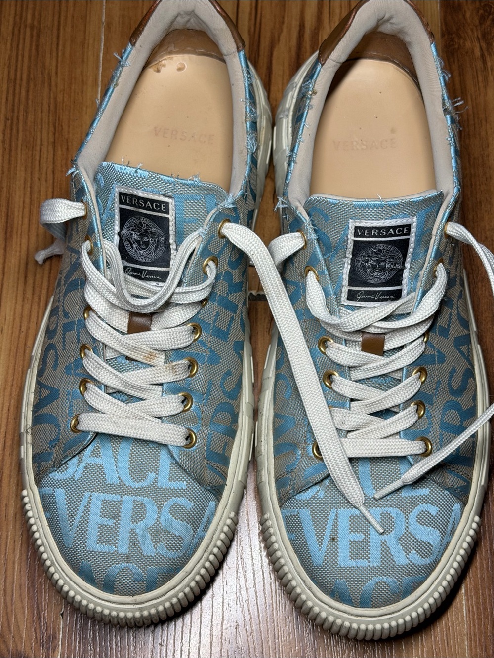 Versace Greca Low-Top Logo Canvas Sneakers Light Blue Sz 42/US